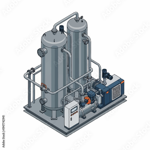 Isometric illustration of an industrial water treatment system with tanks, pipes, and control panel on a platform.