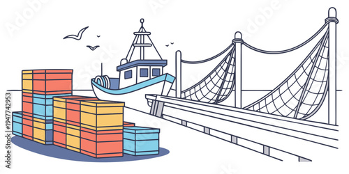 A cargo ship sailing under a large bridge Vector