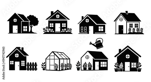 Set of Black House Icons with Garden Elements, Greenhouse, and Watering Can