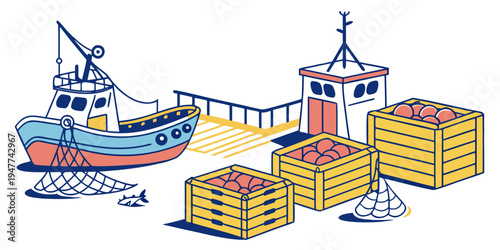 A boat is docked next to stacked crates Vector