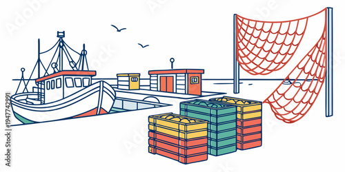 Fishing boat and cargo containers with fishing net Vector