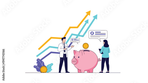 Business professionals analyzing financial success with a large piggy bank and rising arrow charts in the background.