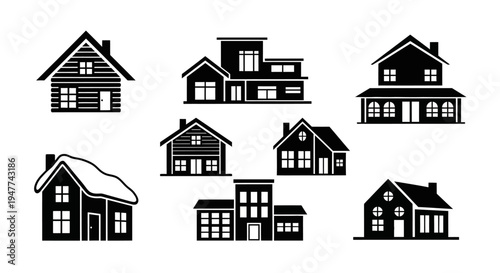 Set of Diverse House Icons: Modern, Traditional, and Rustic Home Silhouettes