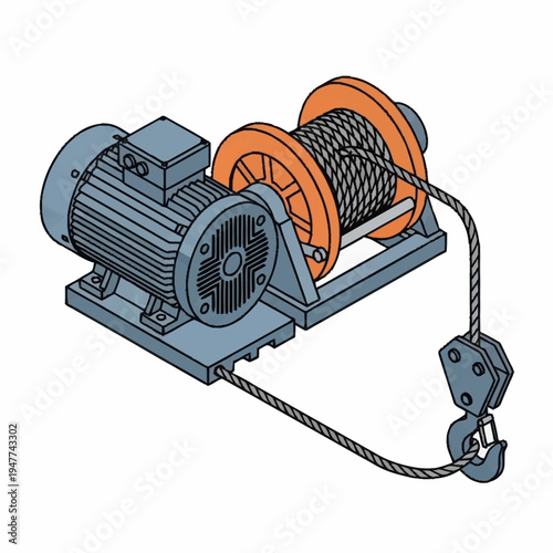 An isometric illustration of an electric winch with a motor, drum, cable, and hook, mounted on a sturdy base.