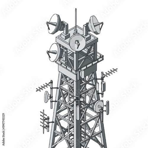A tall metal communication tower with various antennas and satellite dishes.