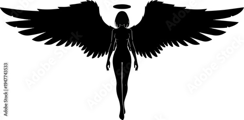 Silhouette of a winged figure with a halo, stark black and white