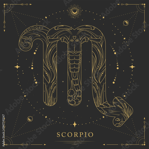 Modern magic witchcraft card with astrology Scorpio zodiac sign on space background. Line art vector illustration