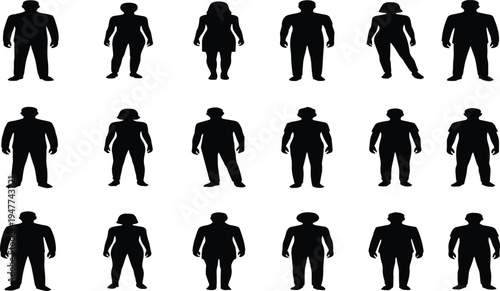 Collection of eighteen black silhouette illustrations showing diverse human figures in different postures, stances, and body shapes for design, ergonomics, and architectural layout applications