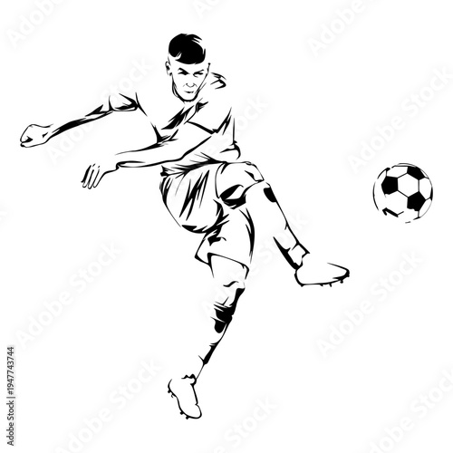 Dynamic illustration of a male soccer player in action, skillfully kicking a football during a game, depicted in a modern black and white line art style, showcasing athleticism and movement