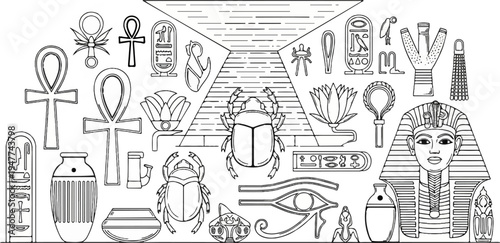 Stylized ancient Egyptian symbols, including ankhs, scarab beetles, lotus flowers, and pharaoh's head