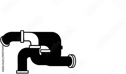 Stylized black and white plumbing pipes form an abstract interconnected design