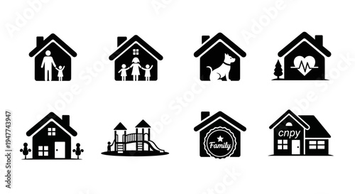 Set of House Icons: Family, Pet, Health, Playground, and More