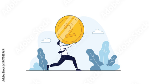 Determined businessman in formal attire running while carrying a huge gold coin with the number two towards his success.