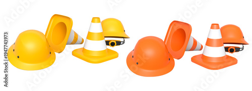 Stack of construction helmets and traffic cones isolated white background with clipping path, representing safety equipment