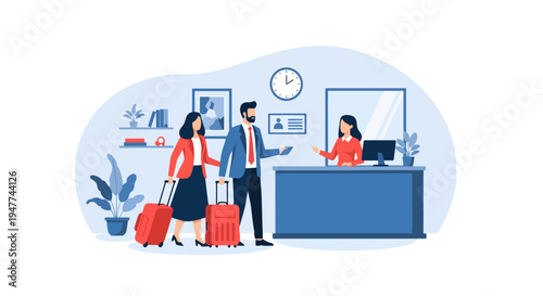 Couple checking in at hotel reception with luggage