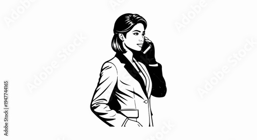 Stylized black and white portrait of a woman in a suit speaking on a phone