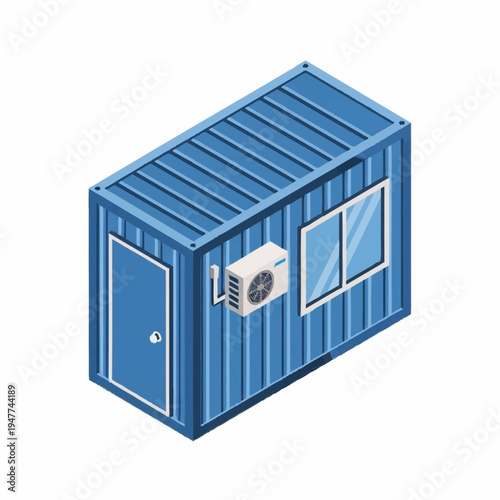 Isometric view of a blue shipping container house.