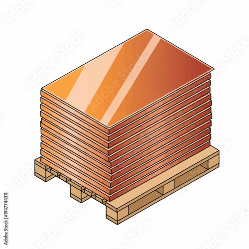 A stack of orange metal sheets on a wooden pallet.