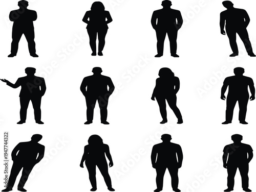 Collection of twelve black silhouette illustrations showing diverse human figures in different stances, arm positions, and body orientations for design, body language, and architectural layout use