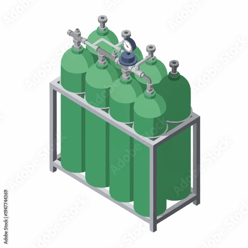 Isometric illustration of a rack of green gas cylinders with a pressure gauge.