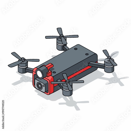 A red and black drone with propellers.