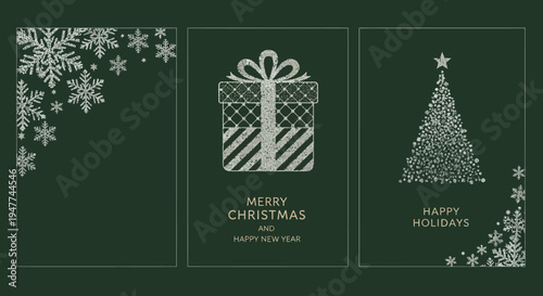 Elegant Christmas Greetings Set: Snowflakes, Gift Box, and Tree on Green Background