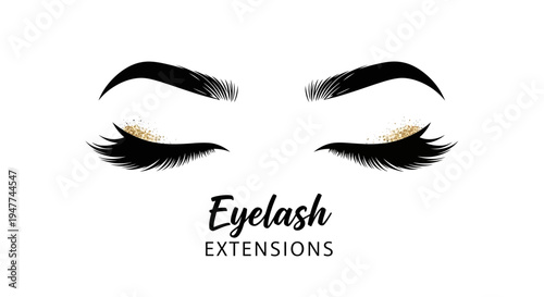 Elegant Eyelash Extensions with Golden Sparkle and Bold Brows, Beauty and Glamour