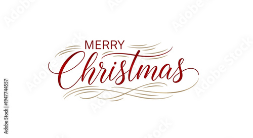 Elegant Merry Christmas Text with Swirls and Decorative Flourishes in Red and Gold