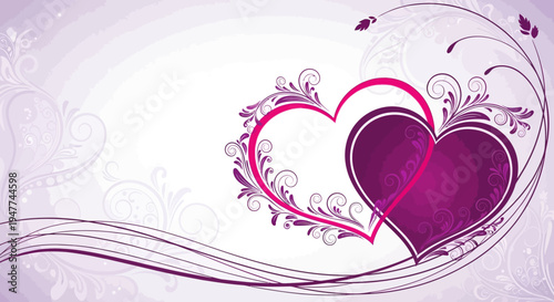 Elegant Pink and Purple Heart Swirls with Floral Ornaments on a Gradient Background