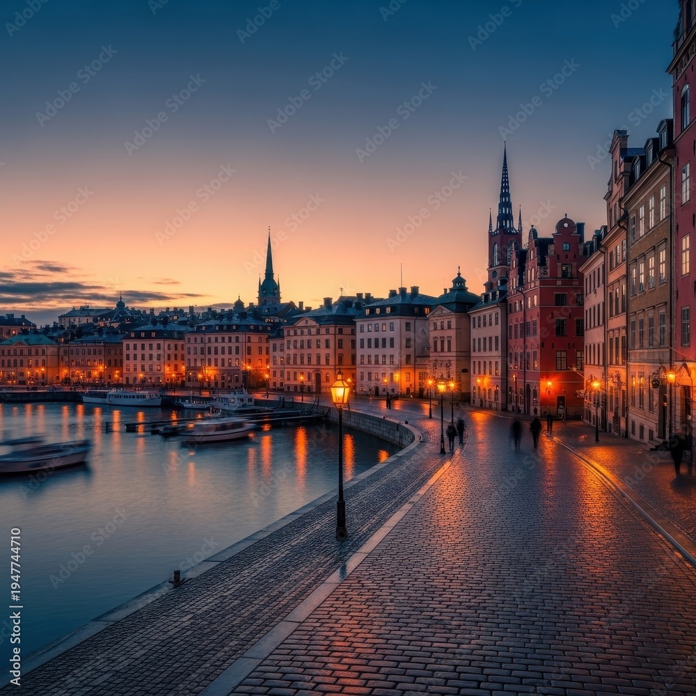 Fototapeta premium Stockholms Gamla Stan at Dusk - A Captivating Urban Landscape.