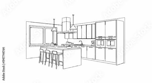 Sketch of a modern kitchen with island, seating, appliances, and window