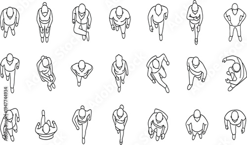 Collection of twenty black and white line drawings showing top‑down silhouettes of human figures in walking, standing, and motion poses for architectural and design layout use