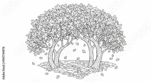 Stylized autumnal trees with falling leaves form an archway