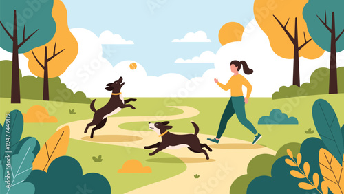 Happy woman running and playing fetch with two enthusiastic dogs on a winding path through a sunny autumn park.