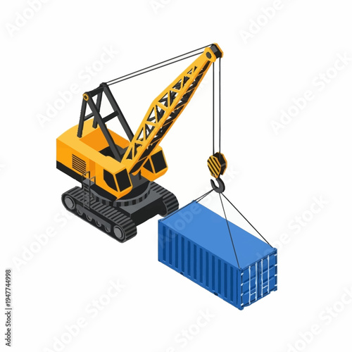 A yellow construction crane lifting a blue shipping container.