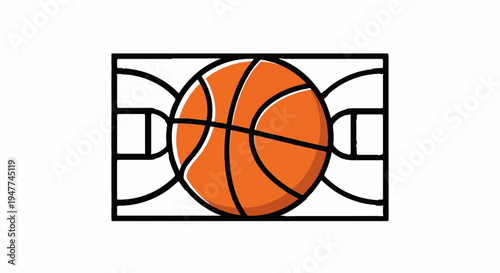 Stylized basketball with court lines in black and white border