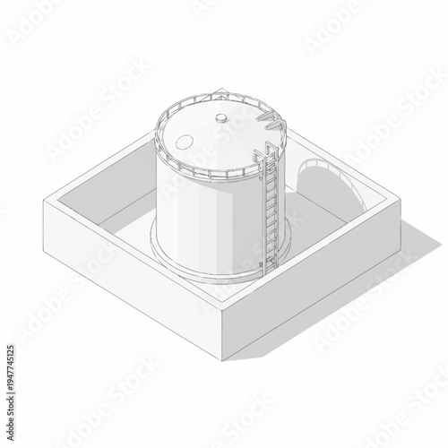 Isometric illustration of a large cylindrical storage tank with a ladder, situated within a square containment basin.