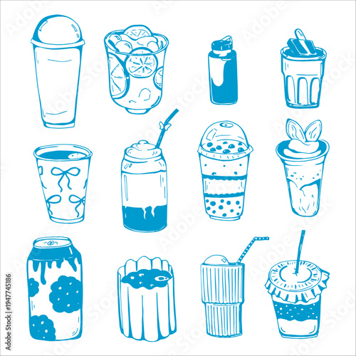 Whimsy hand drawn Cute Different Drinks set 