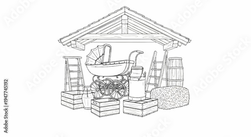 Sketch of a nativity scene with a carriage, crates, ladders, and hay bale
