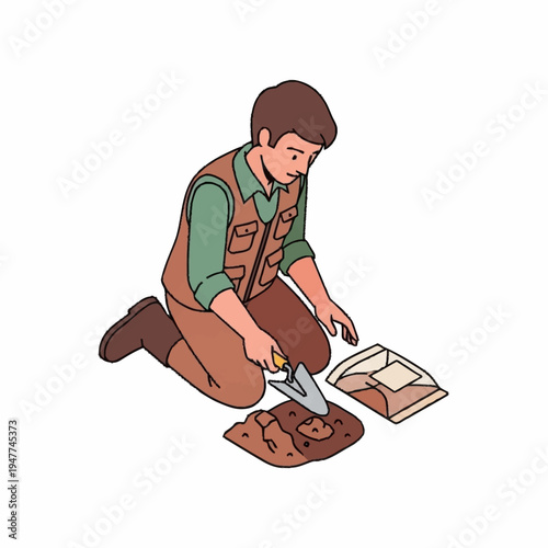 An archaeologist carefully excavates a site with a trowel, examining soil samples and artifacts.