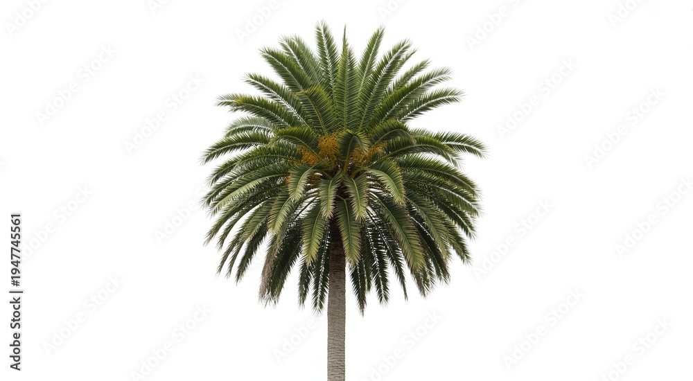 Obraz premium Single tall palm tree with green fronds and yellow fruit