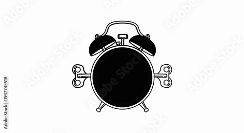 Stylized black alarm clock with wind-up keys on either side
