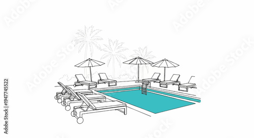 Sketch of a resort pool with palm trees and lounge chairs
