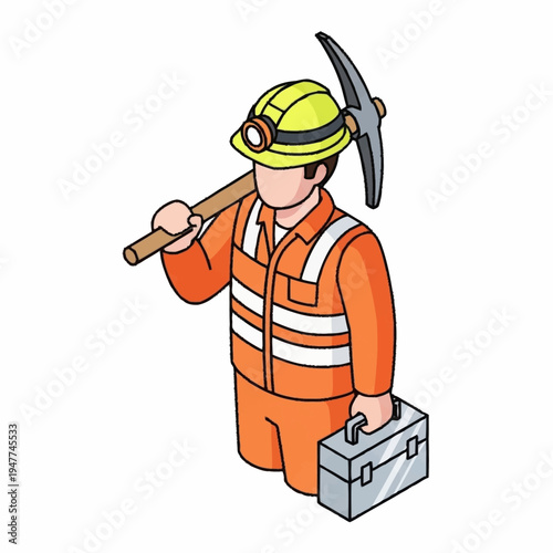 Isometric illustration of a construction worker holding a pickaxe and a toolbox, wearing a hard hat and safety vest.