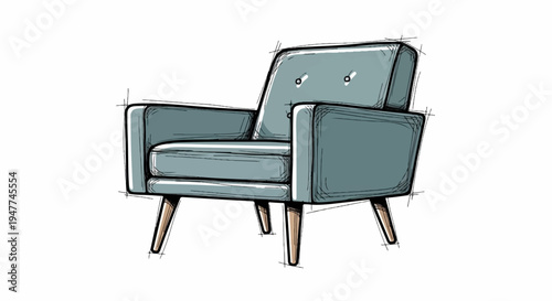 Sketch of a retro upholstered armchair with tufted back and angled wooden legs