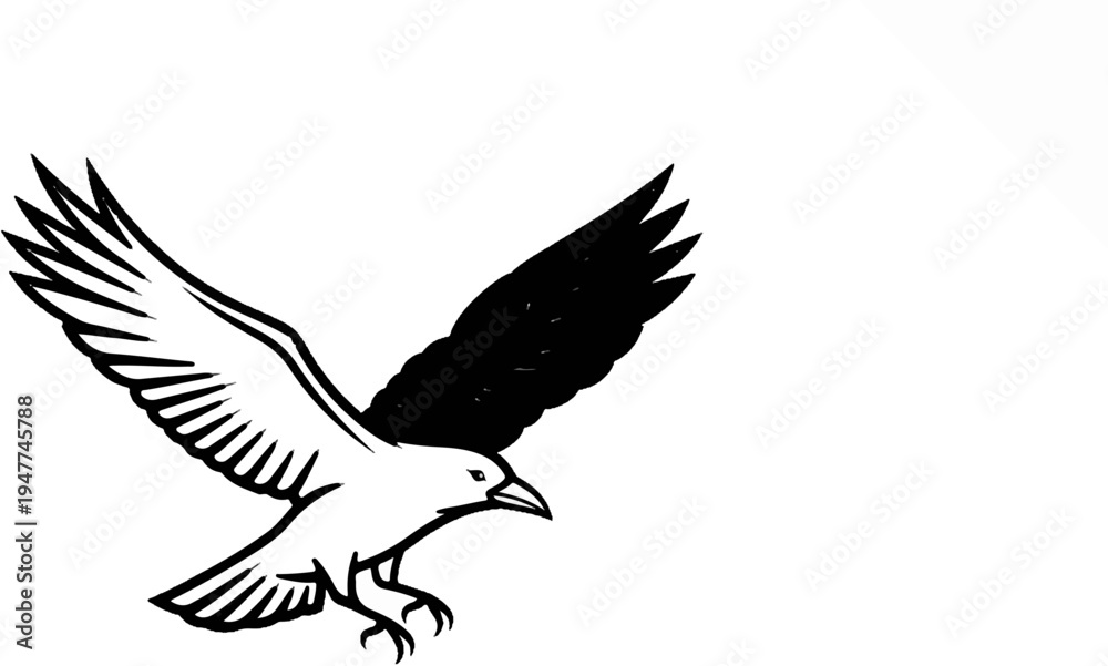 Obraz premium Stylized black and white illustration of a bird in flight with spread wings