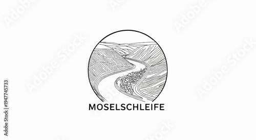 Sketch of a river winding through hillsides with vineyards and text below