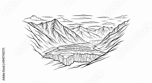 Sketch of a rugged mountain valley with a glacier and distant peaks