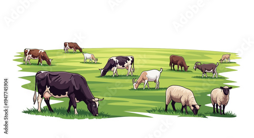 A charming illustration of various farm animals grazing peacefully in a lush green meadow on a sunny day
