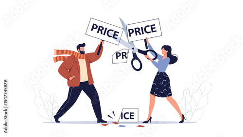 Man and woman using giant scissors to cut a price tag in half representing discounts, sales, and cost reduction.